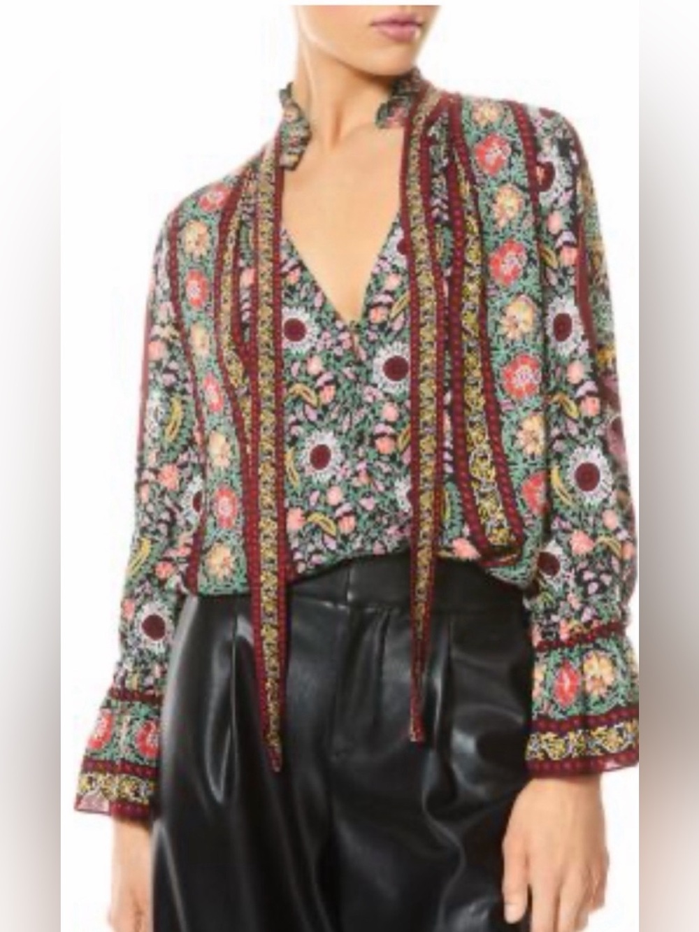 Alice + Olivia Reilly Ruffle Tie Neck Blouse Flower Pot Black Multi M NWOT